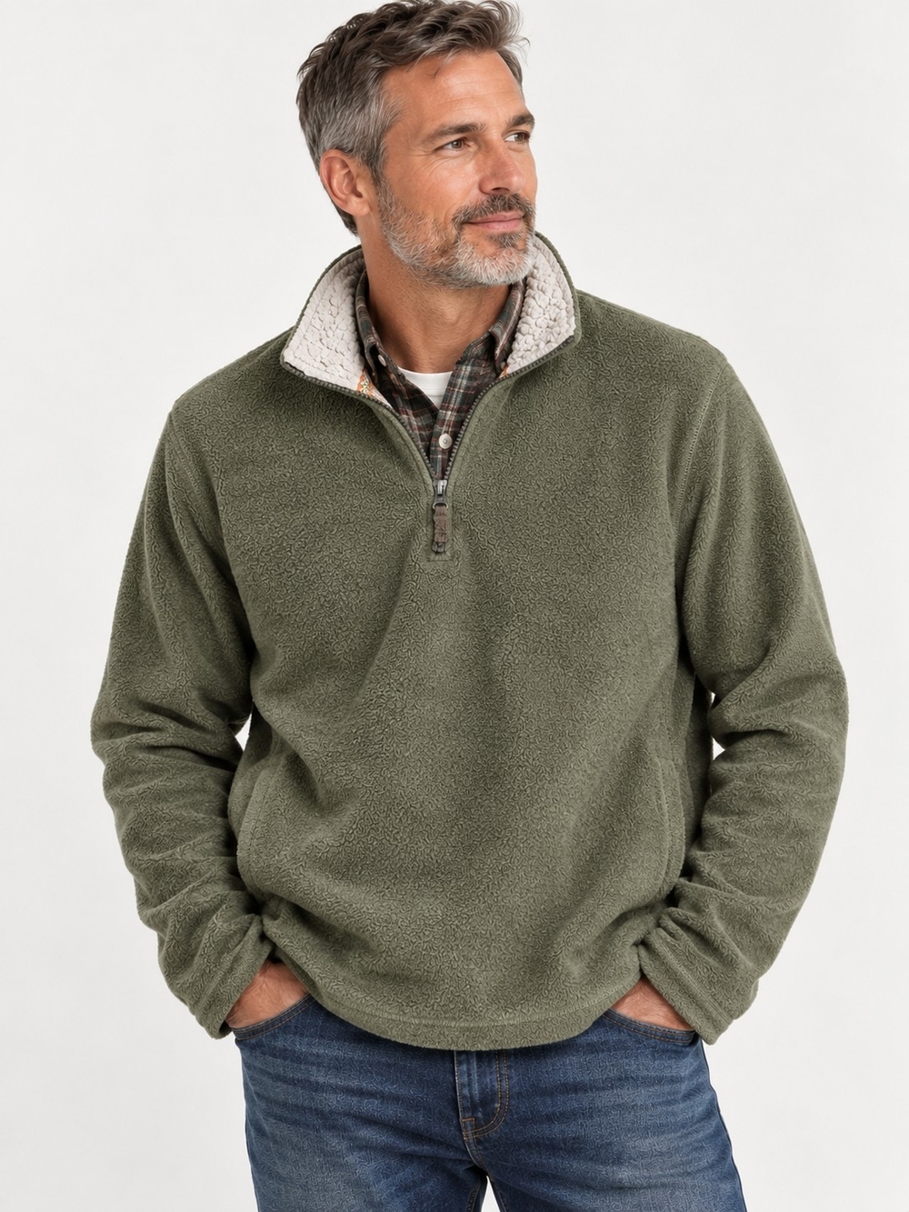 Orvis Men's XL Olive Green Sherpa Collar Quarter Zip Fleece Pullover
